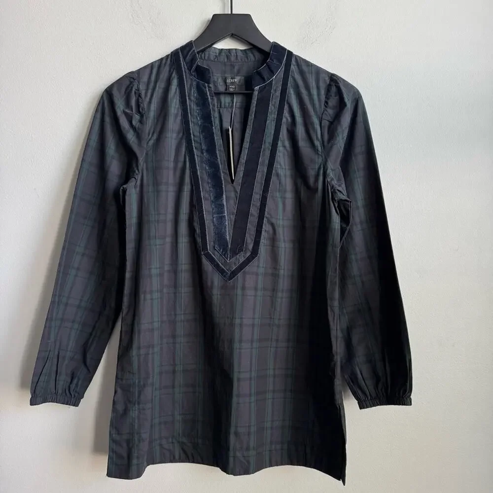 J.Crew Velvet Trimmed V-Neck Tunic in Black Watch Tartan Print Size XXS
